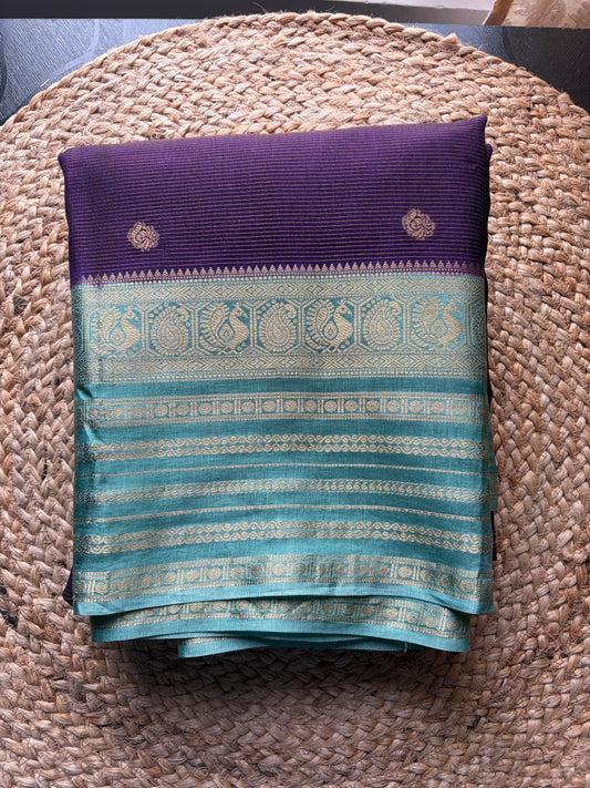 Rangamahal Royal Purple - Aqua Blue  Heritage Peacock Border Assam Silk Saree