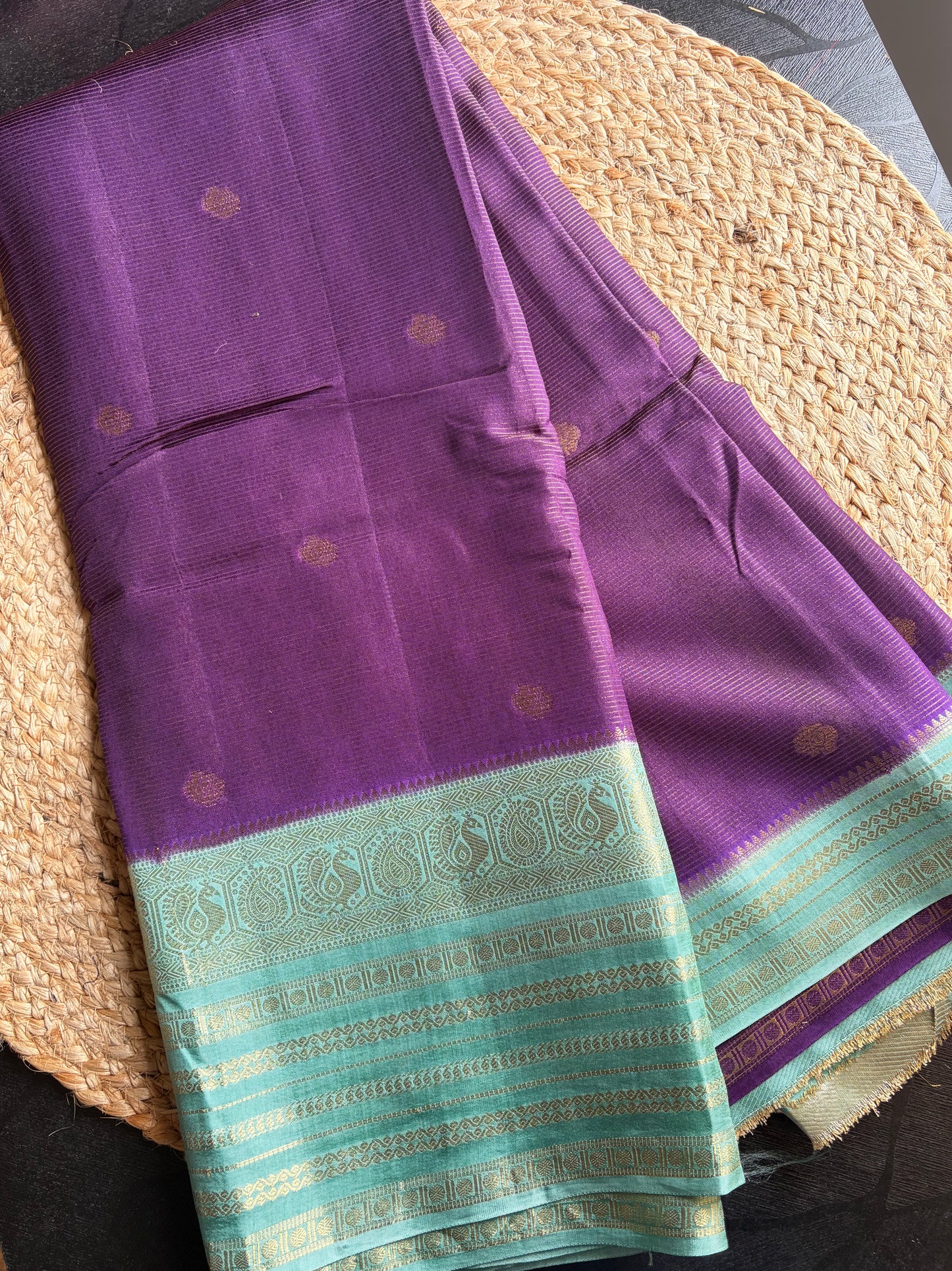 Rangamahal Royal Purple - Aqua Blue  Heritage Peacock Border Assam Silk Saree