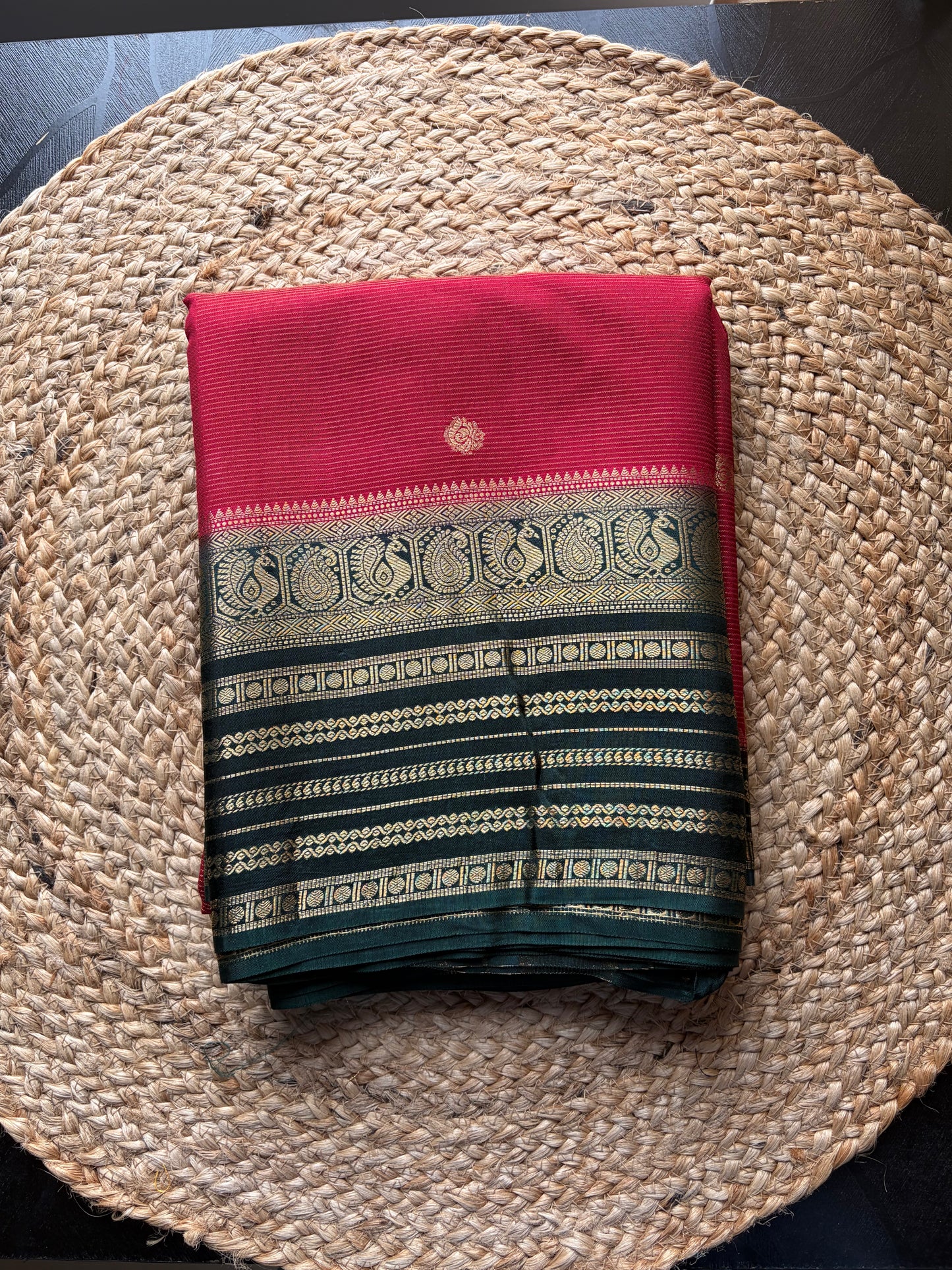 Rangamahal Ruby Red - Emerald Green  Heritage Peacock Border Assam Silk Saree