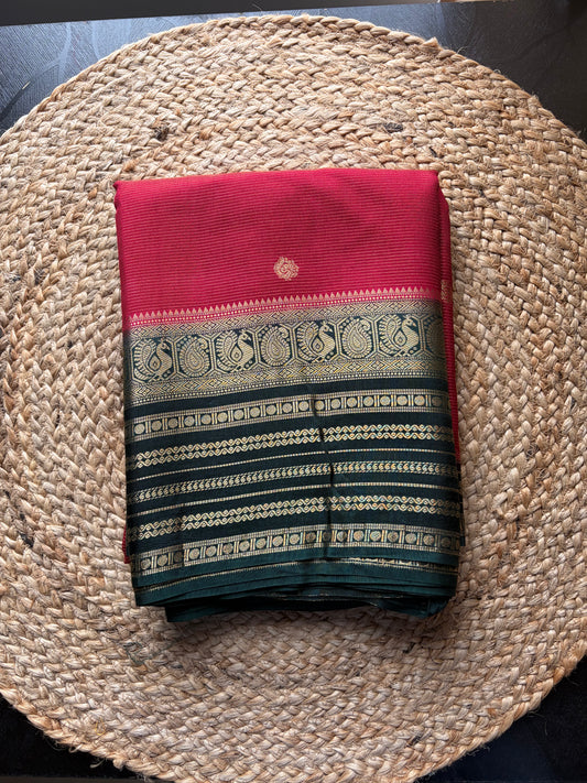 Rangamahal Ruby Red - Emerald Green  Heritage Peacock Border Assam Silk Saree