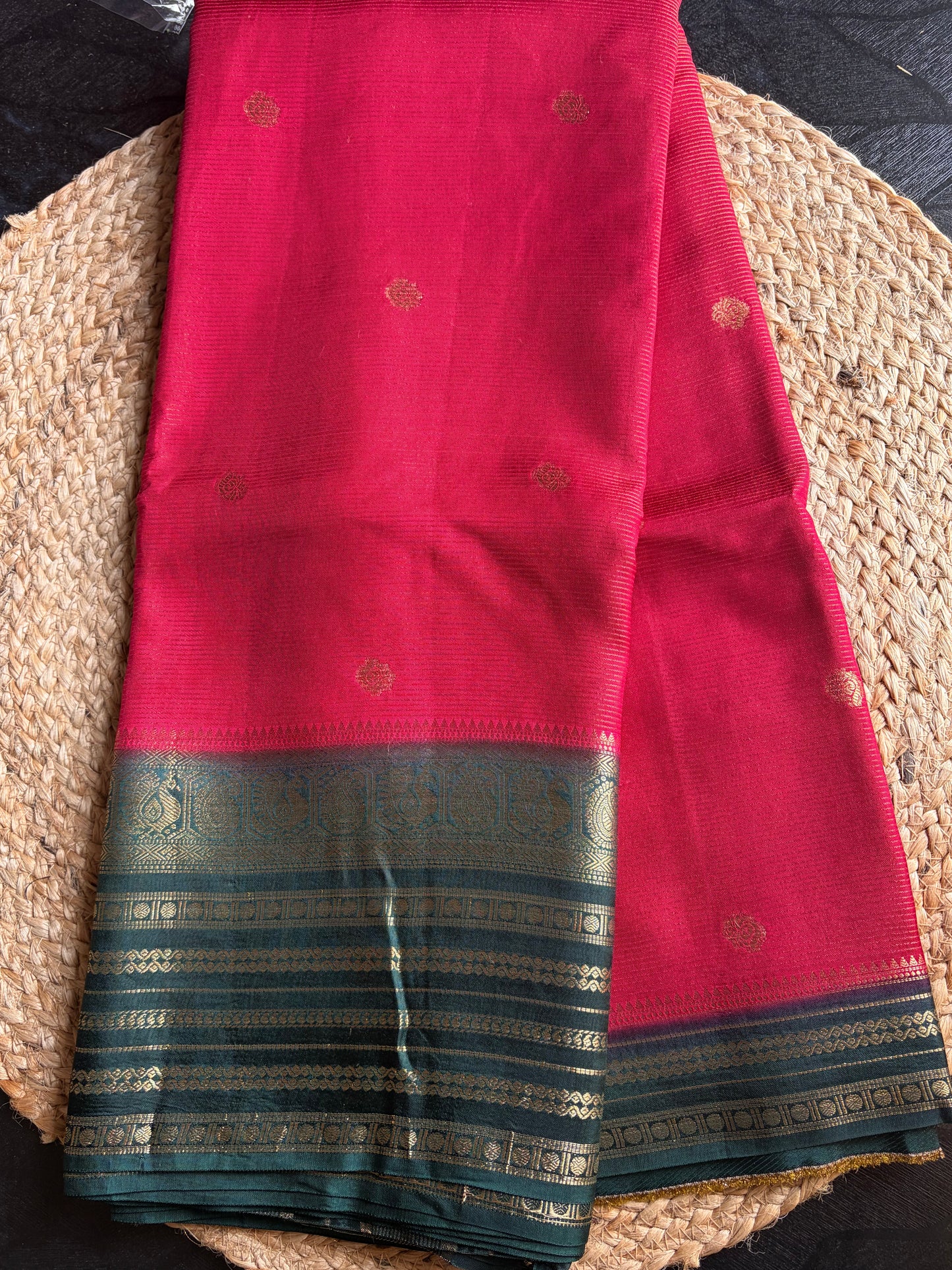 Rangamahal Ruby Red - Emerald Green  Heritage Peacock Border Assam Silk Saree