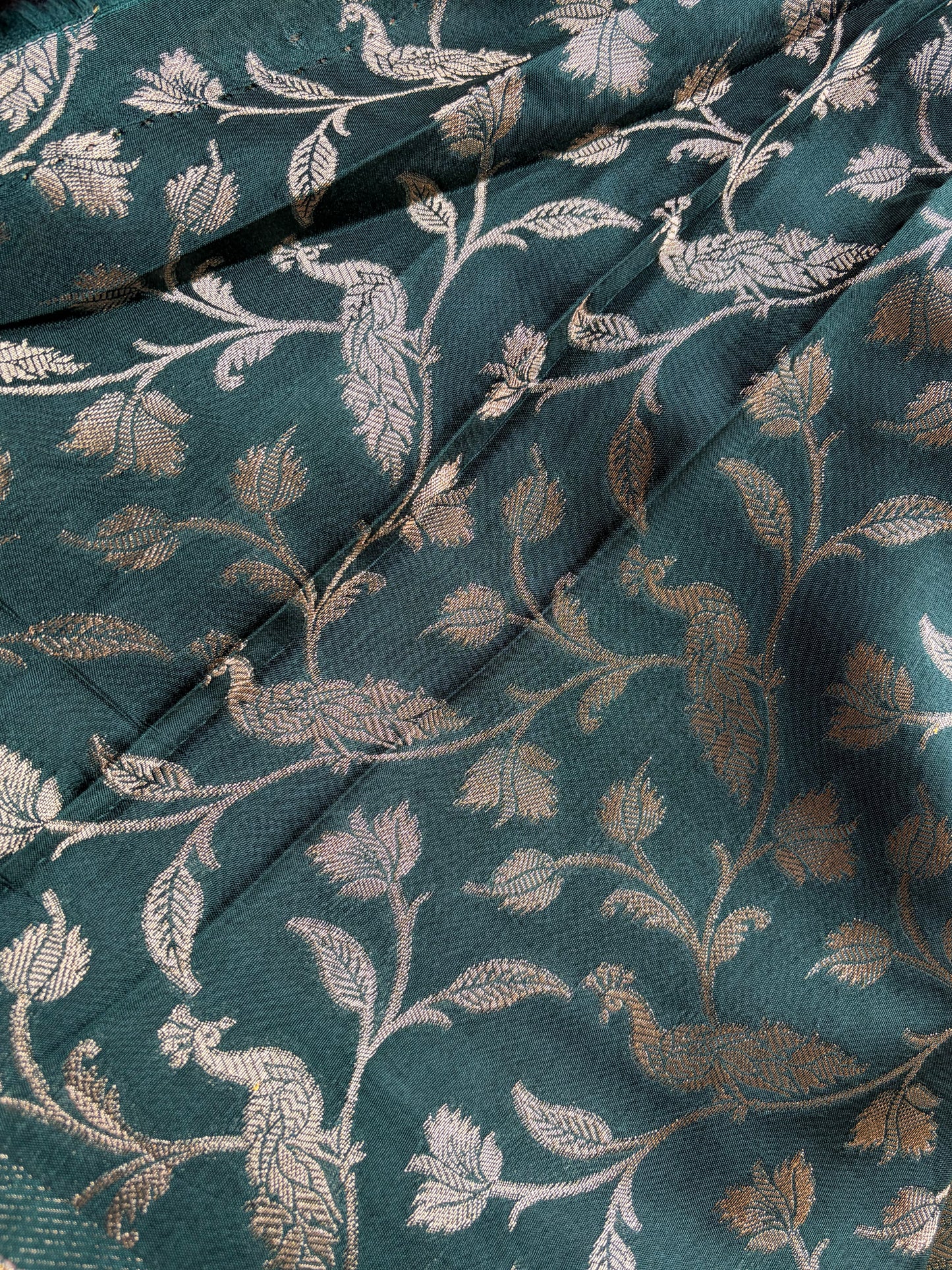 Rangamahal Ruby Red - Emerald Green  Heritage Peacock Border Assam Silk Saree