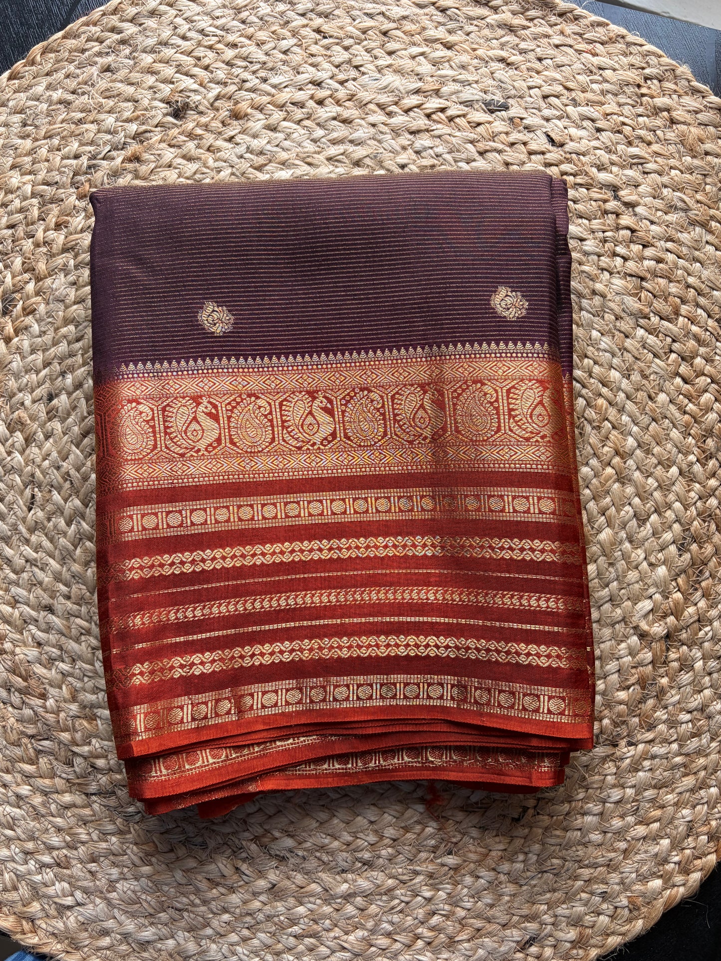 Rangamahal Orange-Plum Heritage Peacock Border Assam Silk Saree