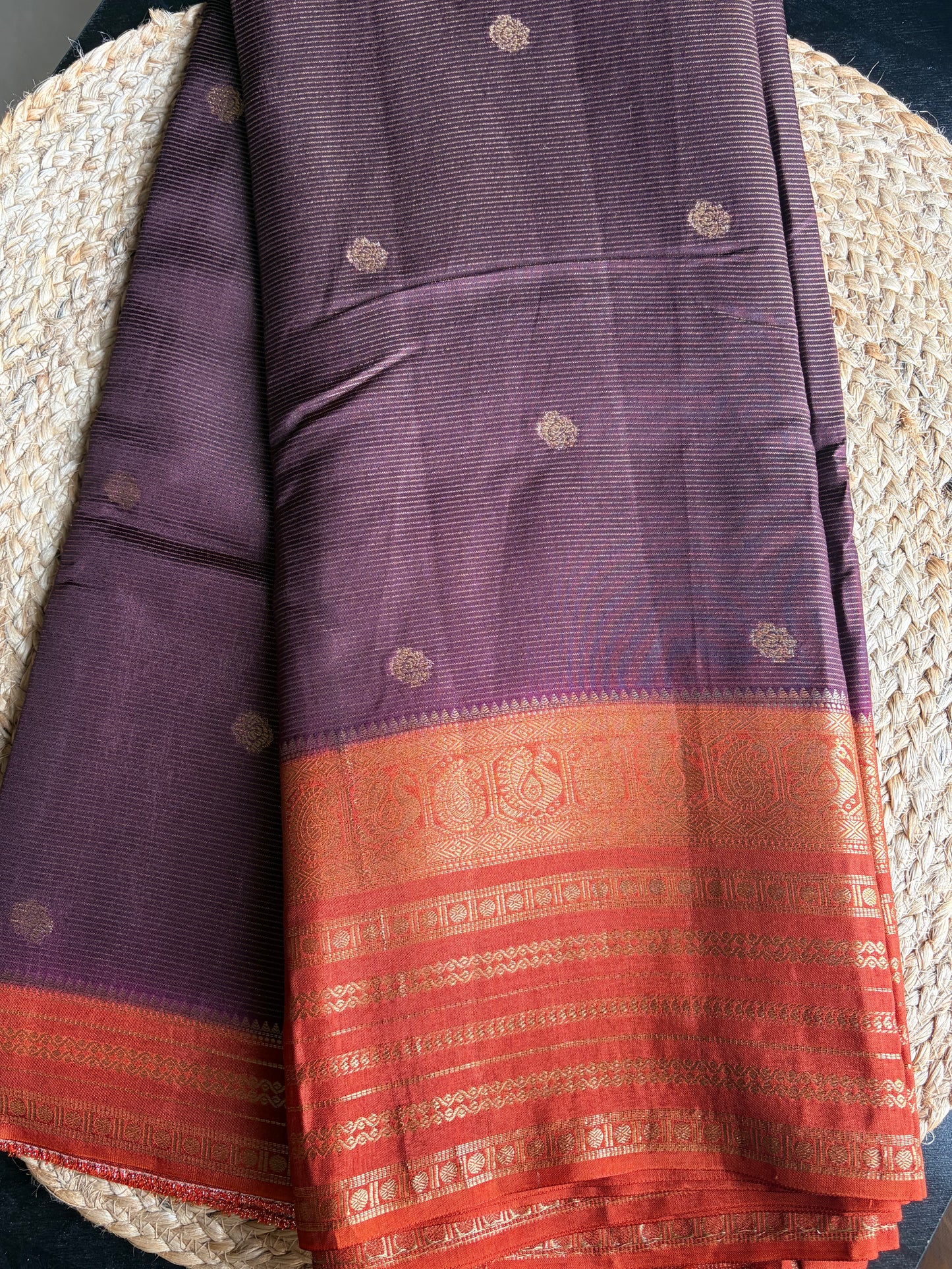 Rangamahal Coffee Brown - Copper Rust Border  Heritage Peacock Border Assam Silk Saree