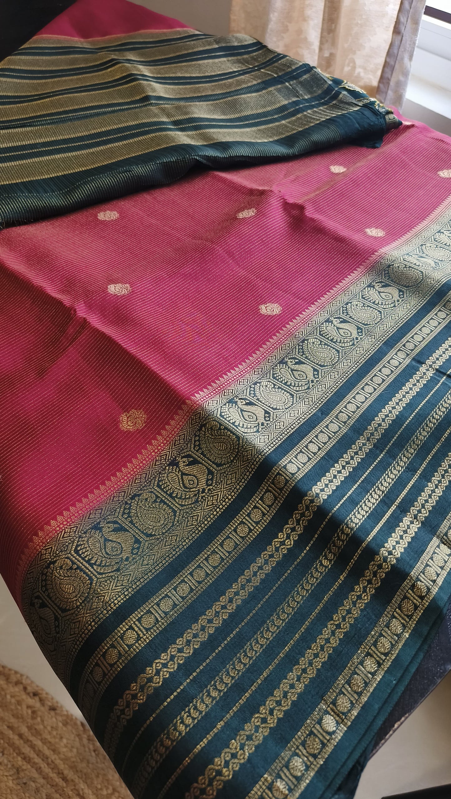 Rangamahal Ruby Red - Emerald Green  Heritage Peacock Border Assam Silk Saree