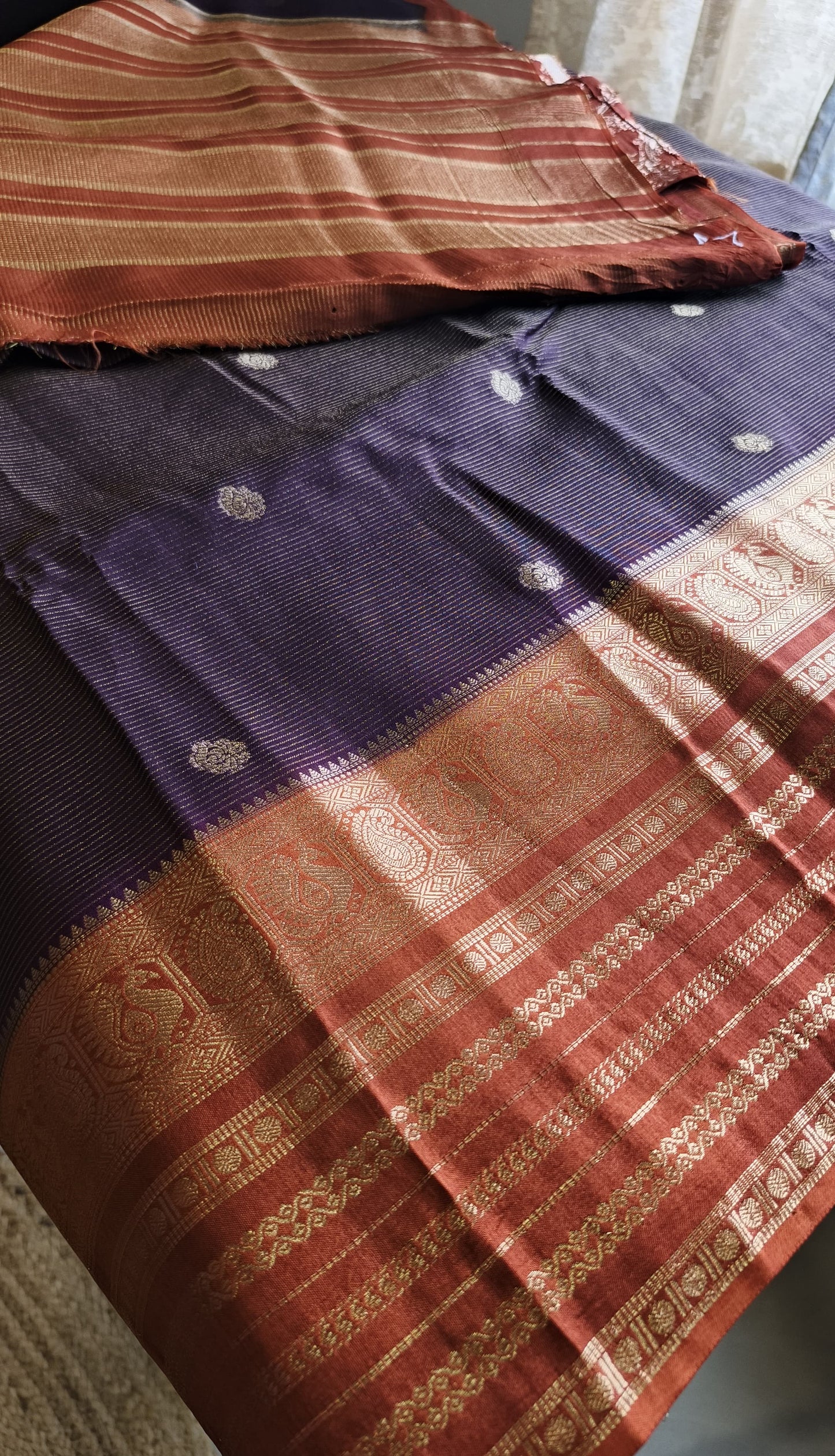 Rangamahal Coffee Brown - Copper Rust Border  Heritage Peacock Border Assam Silk Saree