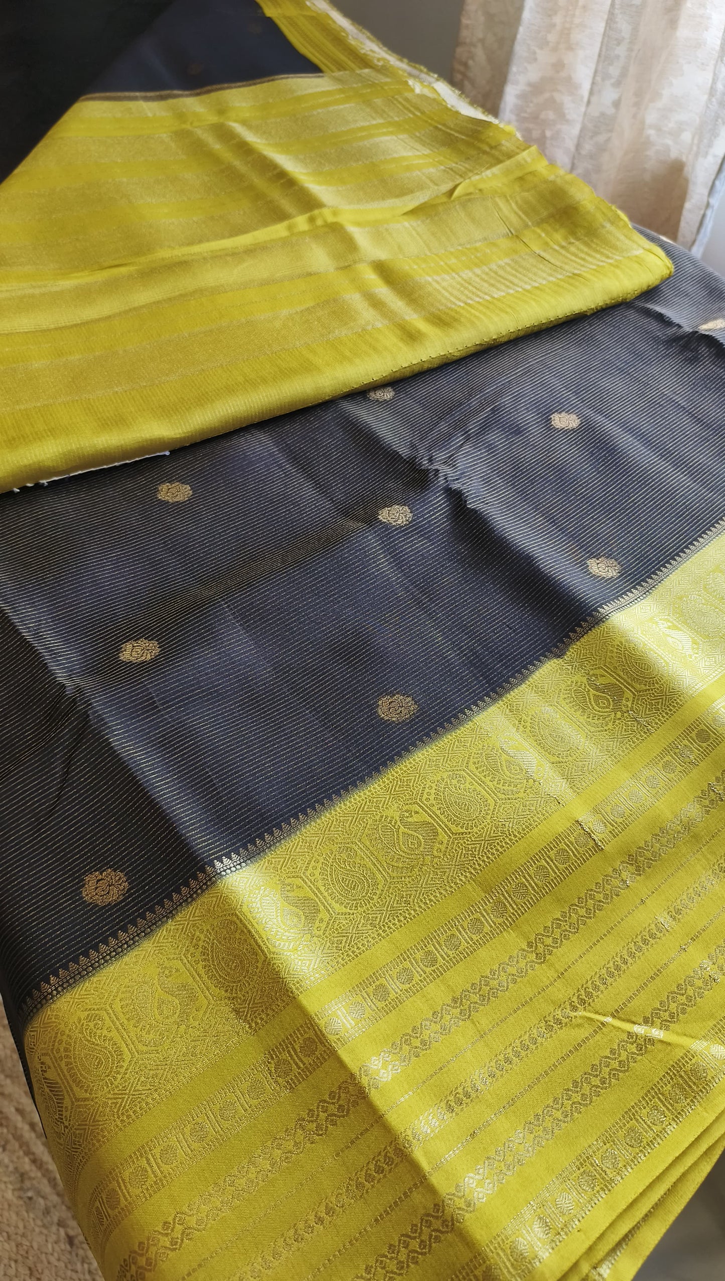 Rangamahal Black - Gold Yellow Heritage Peacock Border Assam Silk Saree