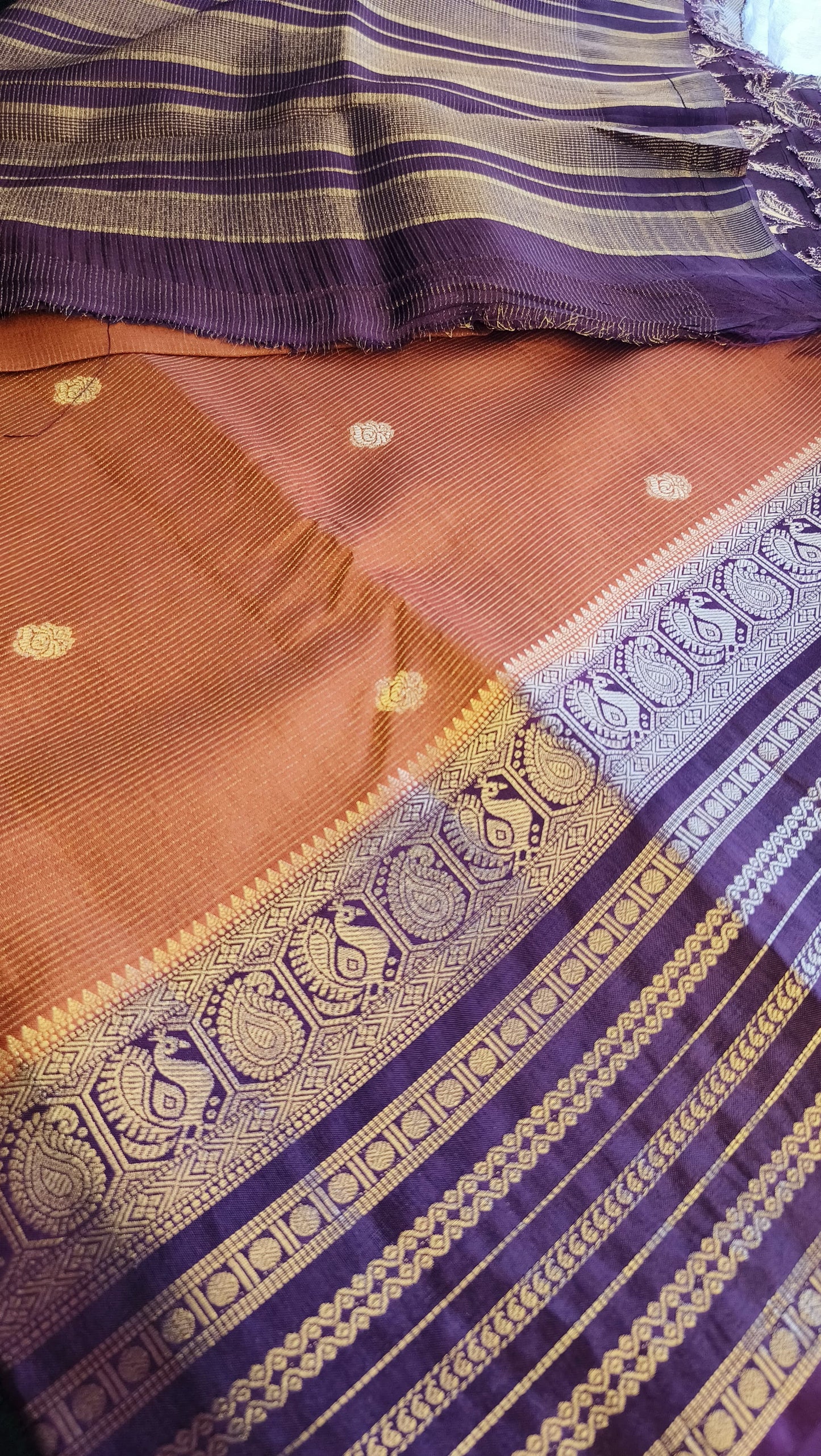 Rangamahal Orange-Plum Heritage Peacock Border Assam Silk Saree