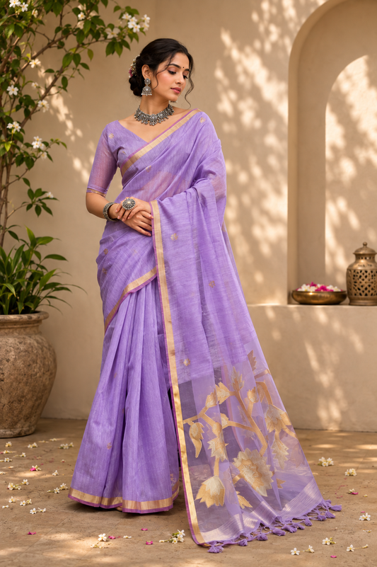 Kaavya Lavender Muga Cotton Saree with Sheer Floral Pallu & Gold Border
