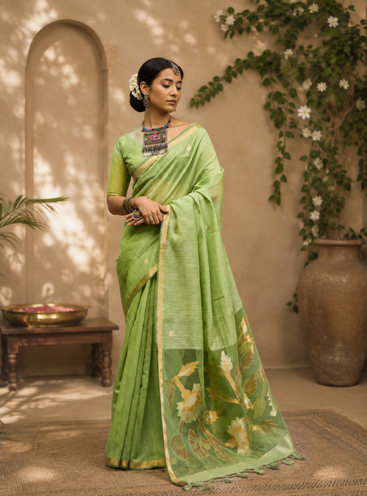 Kaavya Leaf Green Muga Cotton Saree with Sheer Floral Pallu & Gold Border