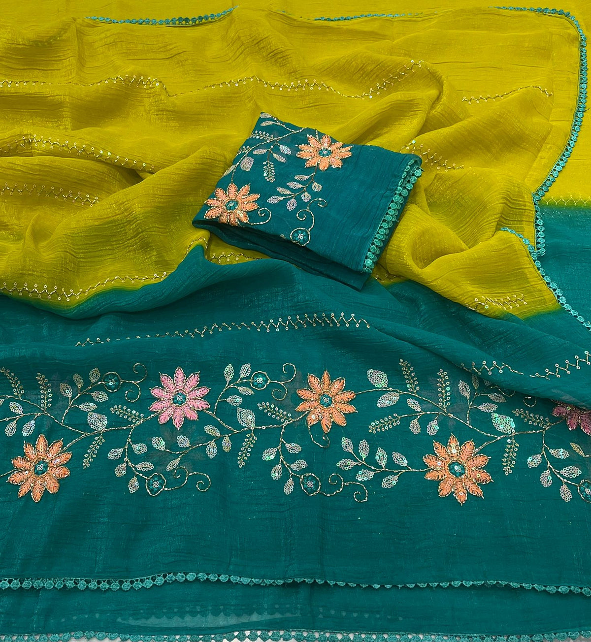 RANGREZ – Lime Teal Floral Embroidered Saree