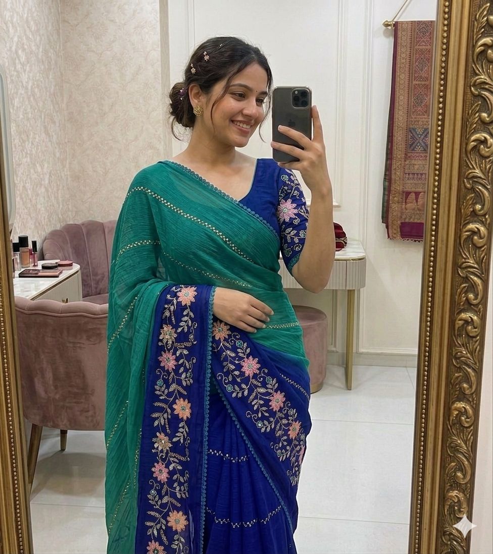 RANGREZ – Teal & Royal Blue Floral Embroidered Saree
