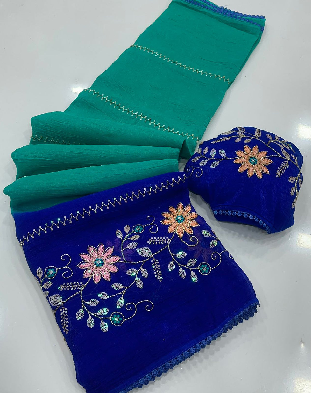 RANGREZ – Teal & Royal Blue Floral Embroidered Saree