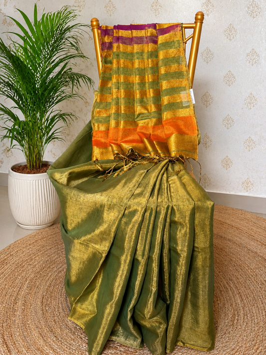 Olive Glow Green Linen Tissue Silk Saree