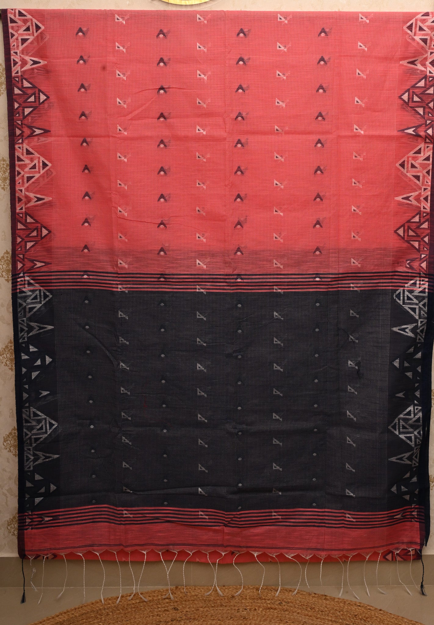 Pallavi Coral Red & Charcoal Black Handloom Cotton Saree with Contrast Pallu and Tribal Woven Border