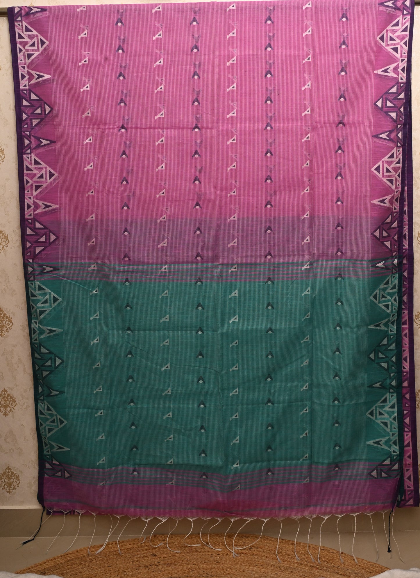Pallavi Magenta Purple & Teal Green Handloom Cotton Saree with Contrast Pallu and Tribal Woven Border