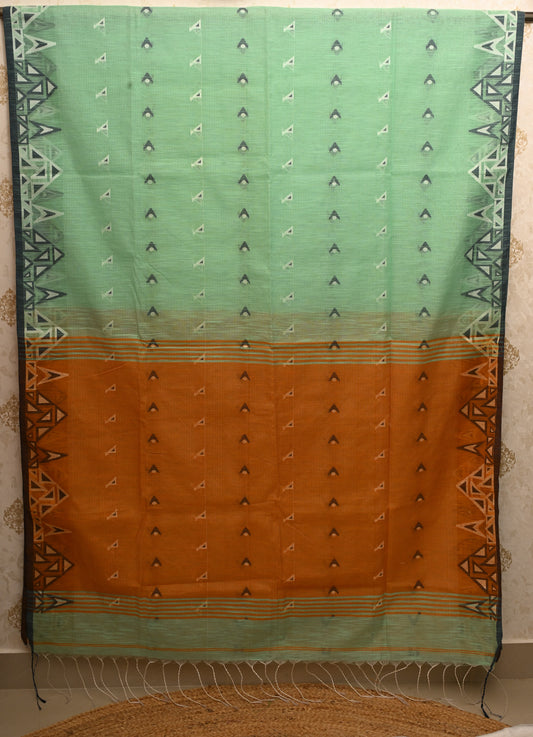 Pallavi Mint Green & Rust Orange Handloom Cotton Saree with Contrast Pallu and Tribal Woven Border