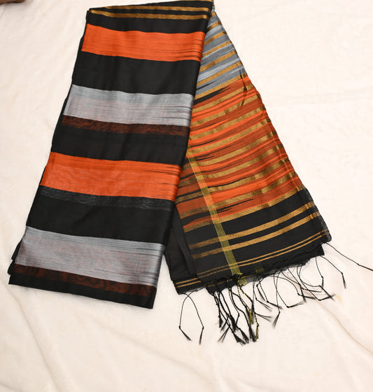 Chitrarekha Black - Rust - Silver Cotton Silk Saree with Zari Stripes
