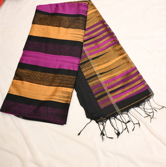 Chitrarekha Black - Gold -  Purple Cotton Silk Saree with Zari Stripes