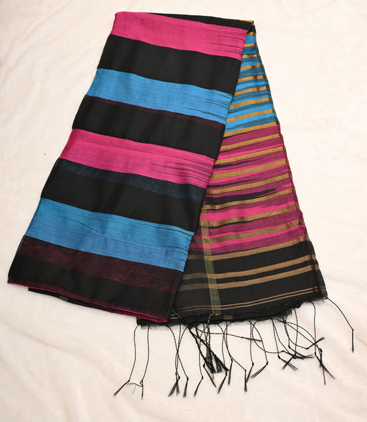 Chitrarekha Black - Turquoise - Pink Cotton Silk Saree with Zari Stripes