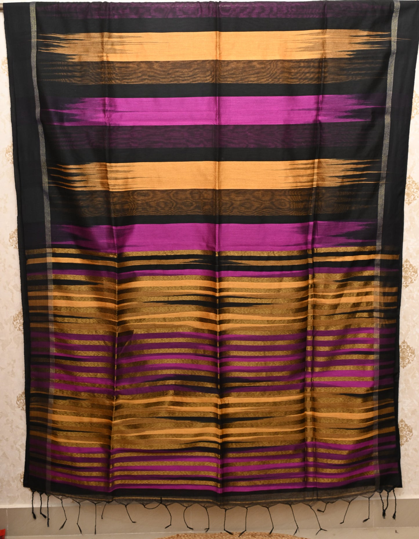 Chitrarekha Black - Gold -  Purple Cotton Silk Saree with Zari Stripes