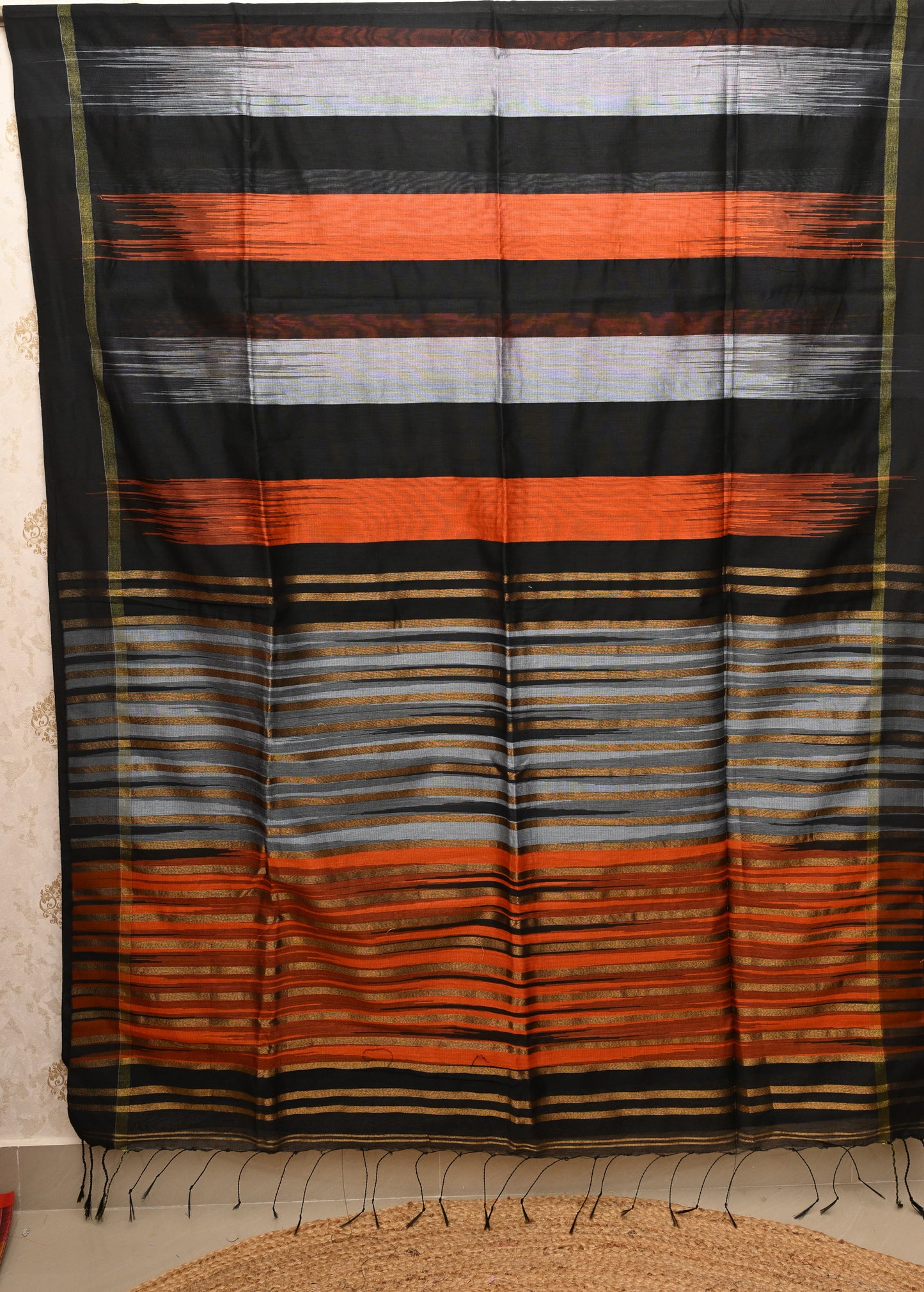 Chitrarekha Black - Rust - Silver Cotton Silk Saree with Zari Stripes