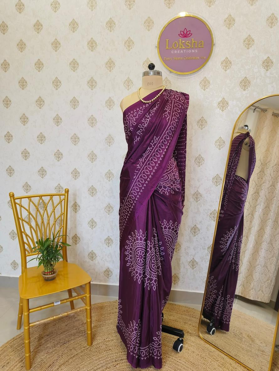 Plum Purple Crape Gajji Silk Saree with Ajrakh Print