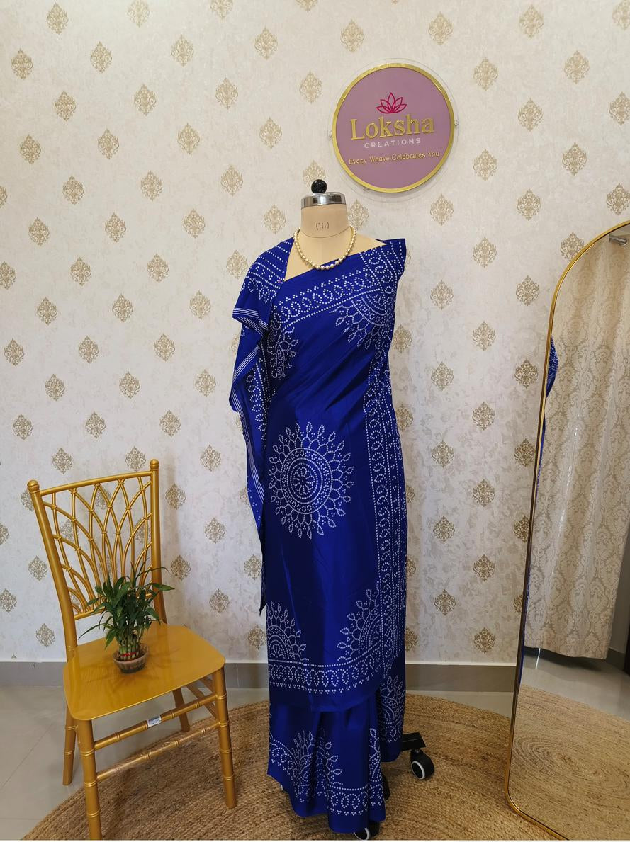 Royal Blue Crape Gajji Silk Saree with Ajrakh Print