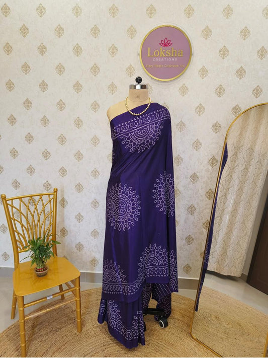 Royal Purple Crape Gajji Silk Saree with Ajrakh Print