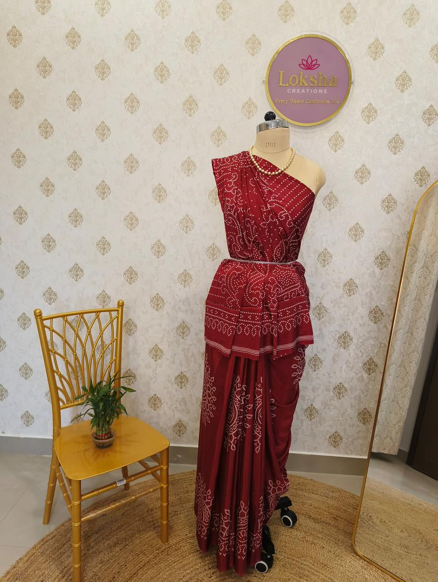 Wine Maroon Crape Gajji Silk Saree with Ajrakh Print