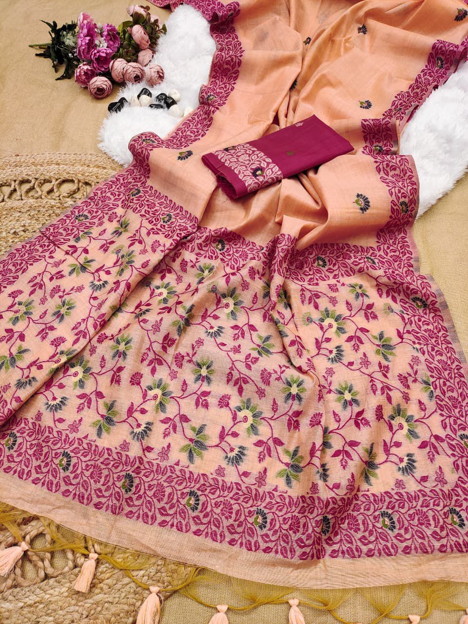 Peach Biege Chanderi Cotton Jamdani Saree with contrast Blouse