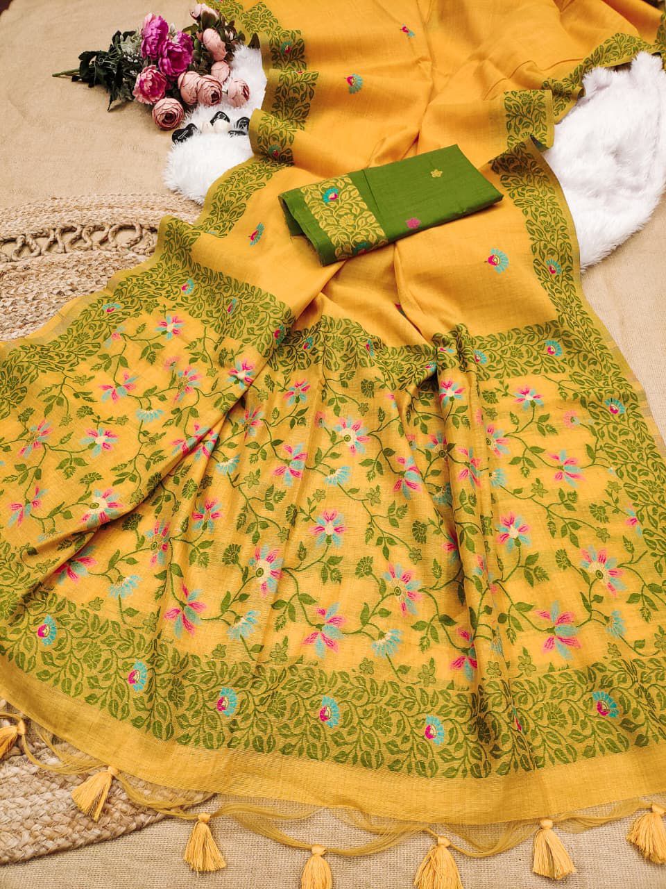 Golden Mustard Chanderi Cotton Jamdani Saree with contrast Blouse