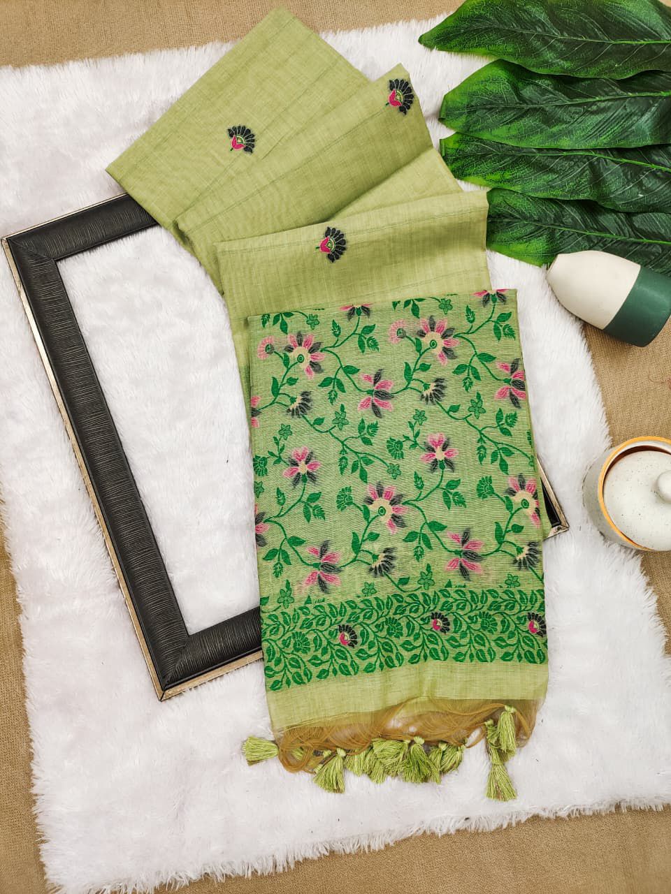 Sea Mint Chanderi Cotton Jamdani Saree with contrast Blouse