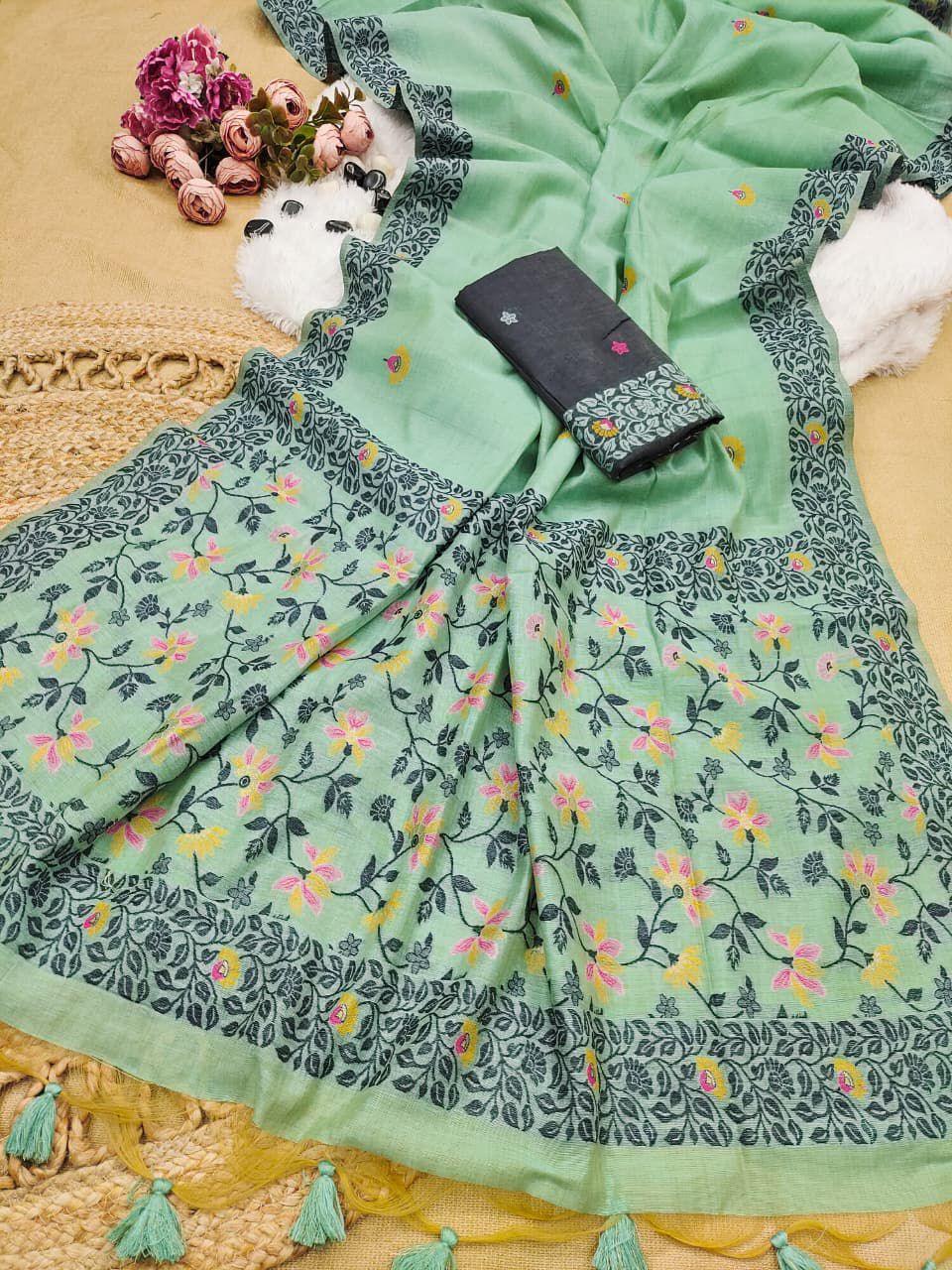 Pista Green Chanderi Cotton Jamdani Saree with contrast Blouse