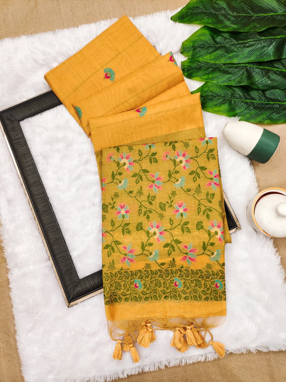 Golden Mustard Chanderi Cotton Jamdani Saree with contrast Blouse