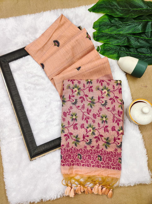 Peach Biege Chanderi Cotton Jamdani Saree with contrast Blouse