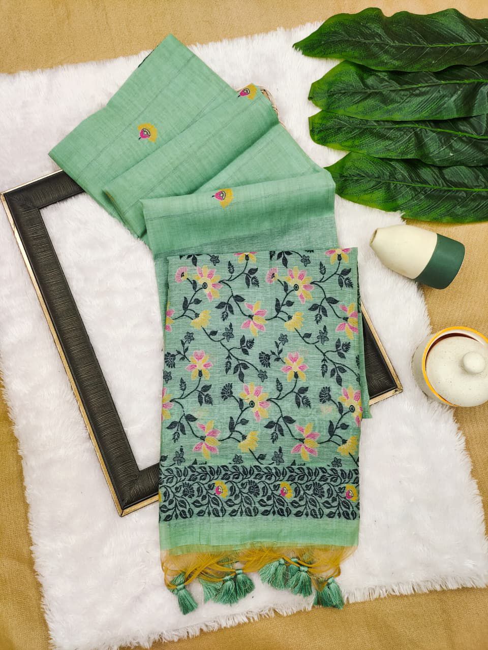 Pista Green Chanderi Cotton Jamdani Saree with contrast Blouse