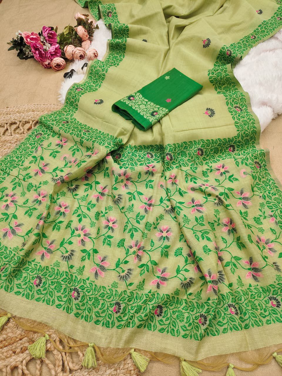 Sea Mint Chanderi Cotton Jamdani Saree with contrast Blouse