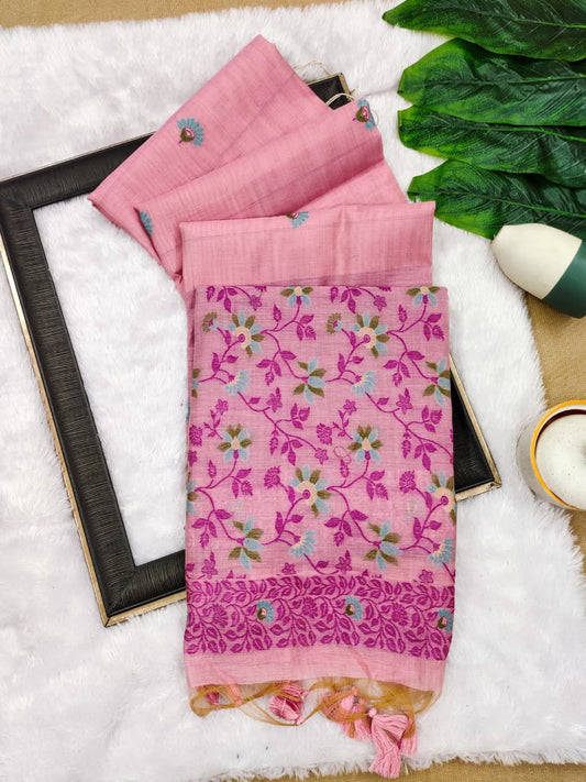 Blush Pink Chanderi Cotton Jamdani Saree with contrast Blouse