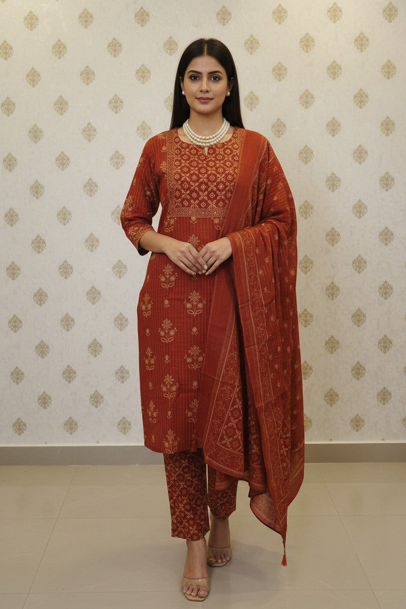 Rust Orange Printed Kurta Set with Dupatta