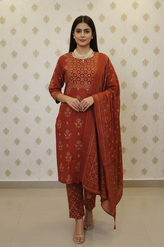 Rust Orange Printed Kurta Set with Dupatta