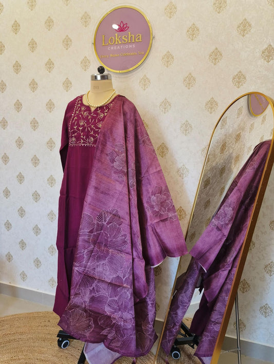 Berry Purple Embroidered Silk Kurta Set with Floral Tussar Dupatta