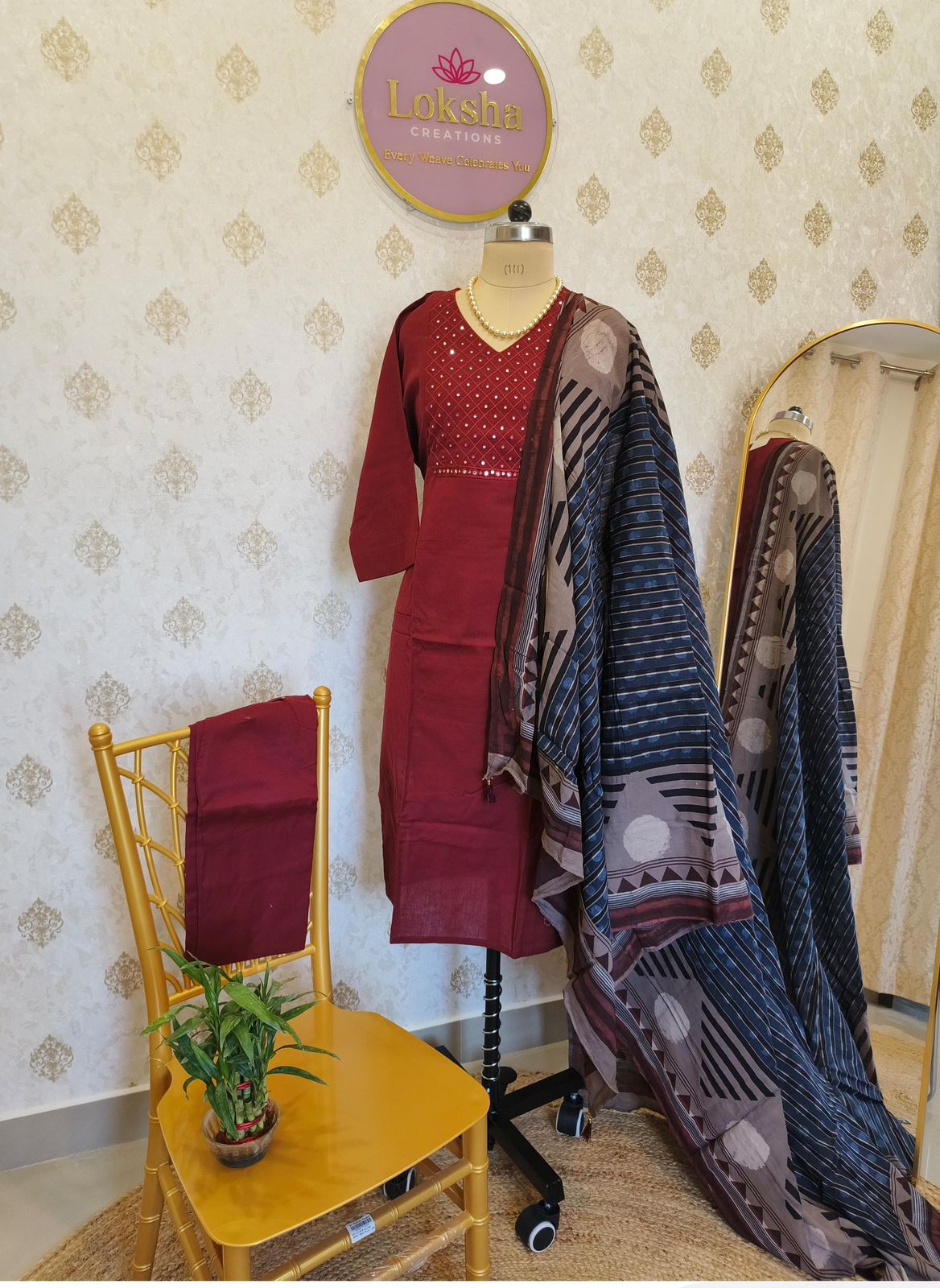 Deep Maroon Mirror Work Kurta Set with Geometric Dupatta