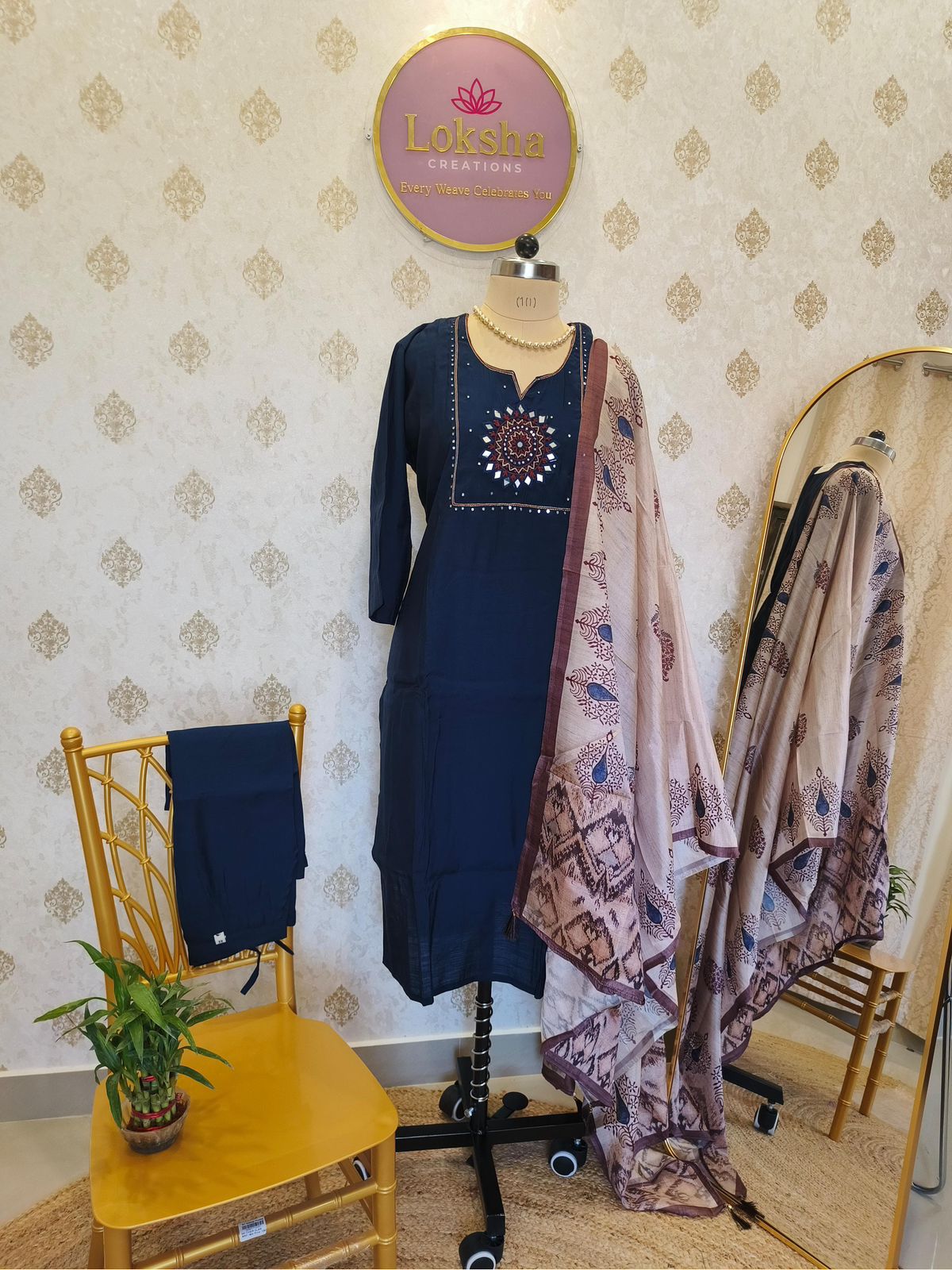 Navy Blue Mirror Work Kurta Set with Printed Tusser Dupatta
