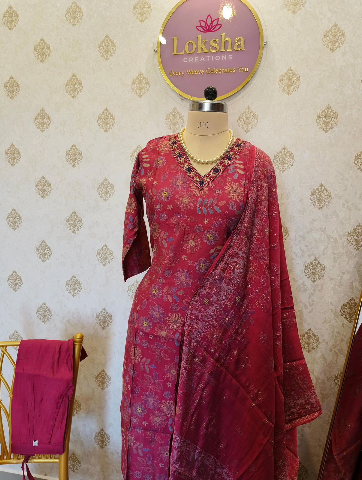 Rani Pink Floral Printed Kurta Set with Dupatta