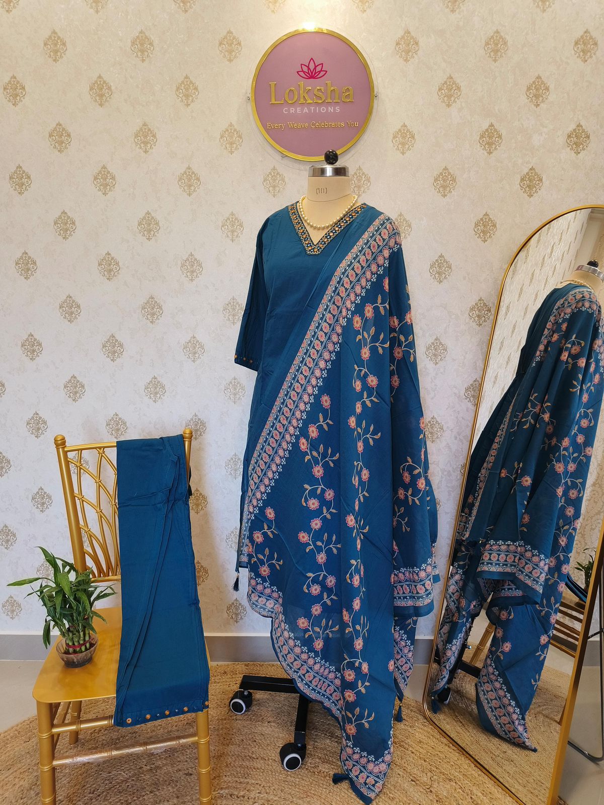 Teal Blue Kurta Set with Floral Dupatta