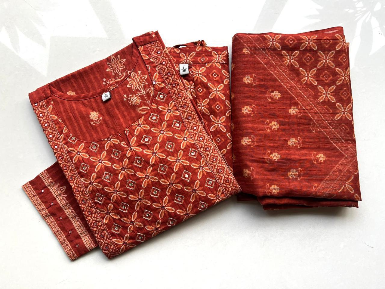Rust Orange Printed Kurta Set with Dupatta