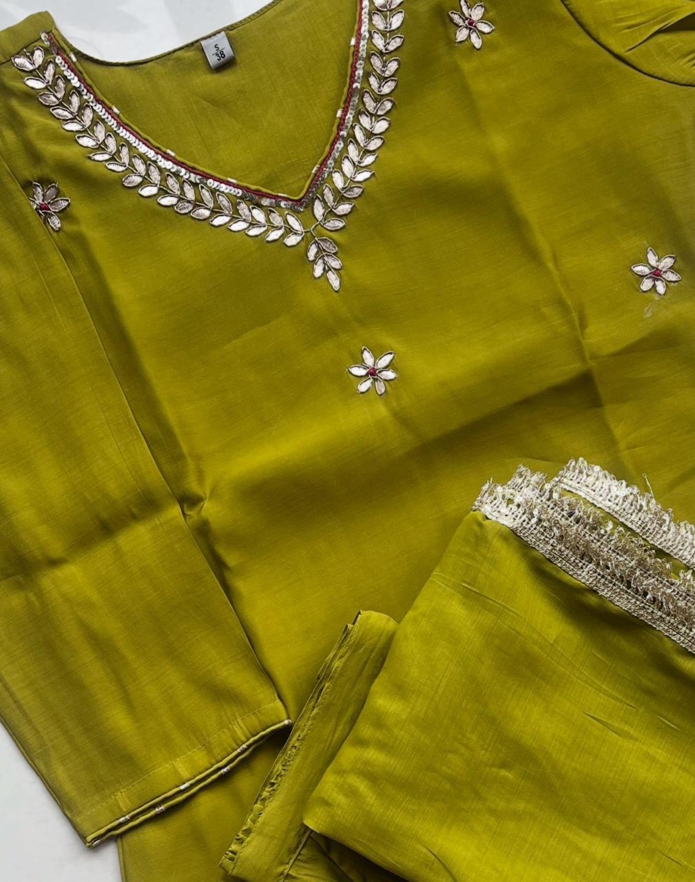 Olive Green Mul-Chanderi Kurta Set - Embroidered Top with Dupatta