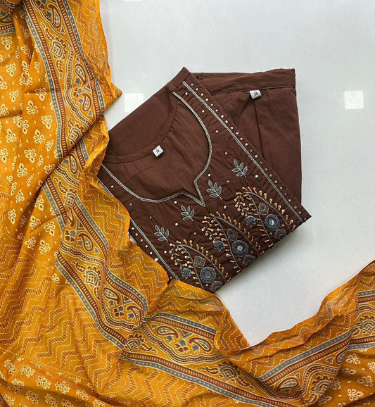 Coffee Brown Embroidered Kurta Set with Mustard Printed Dupatta