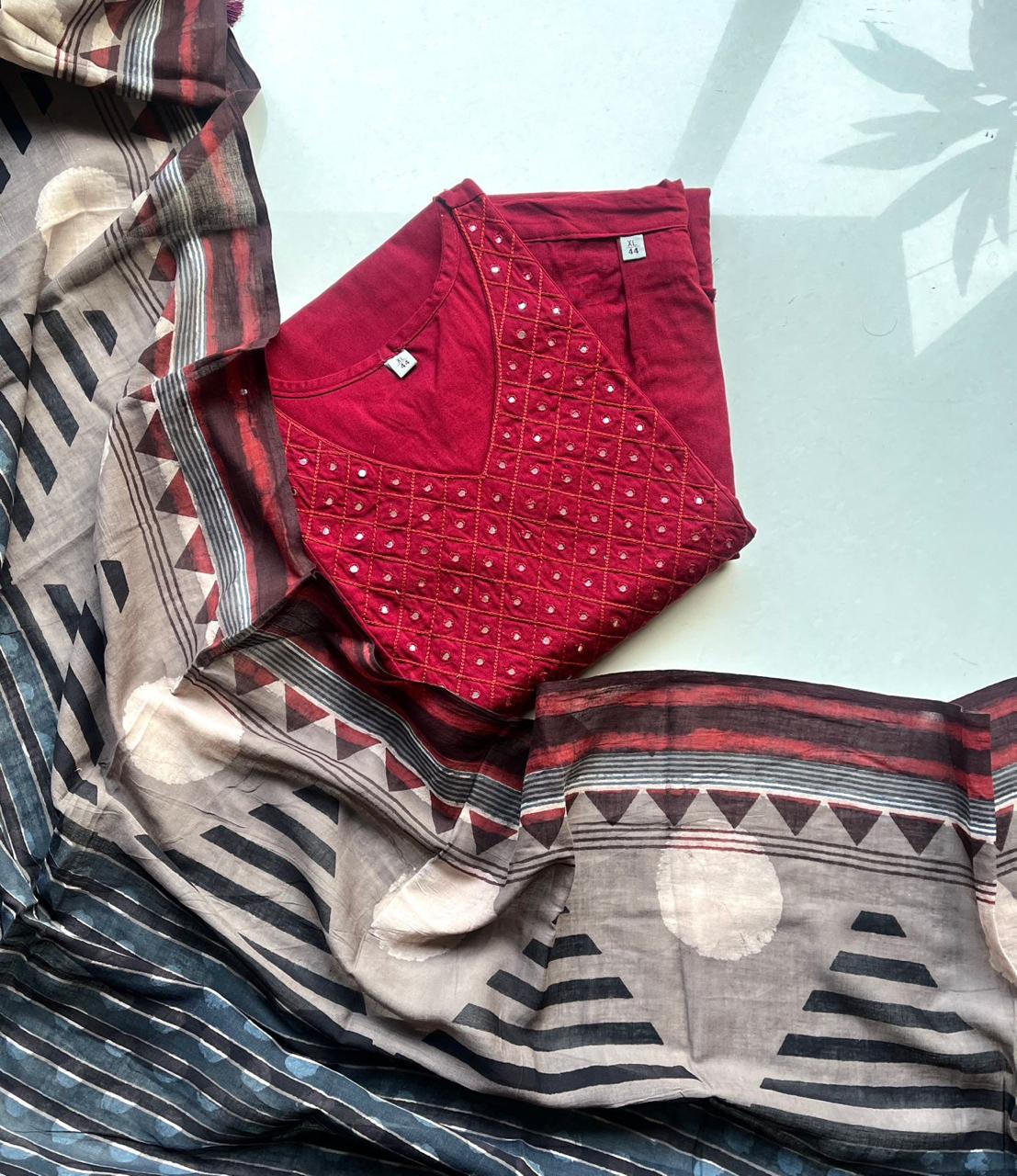 Deep Maroon Mirror Work Kurta Set with Geometric Dupatta